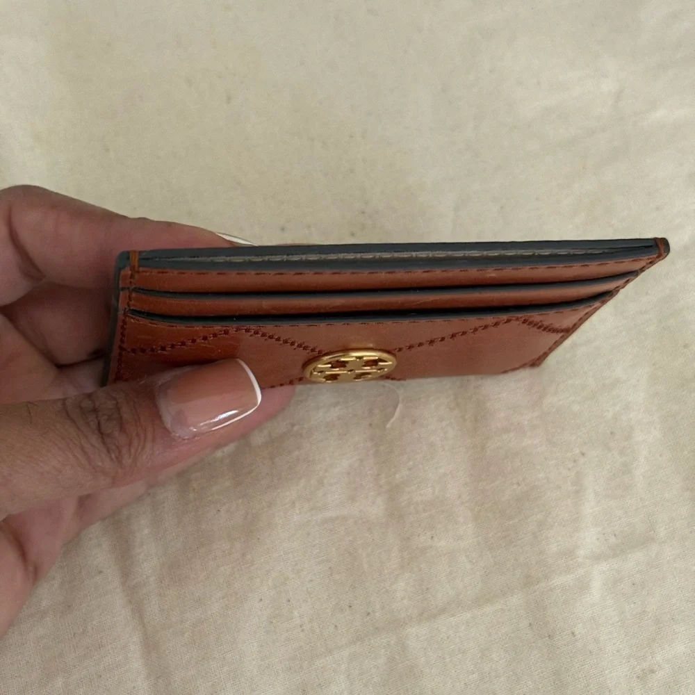 Tory Burch Tan Leather Card Case with Gold Emblem